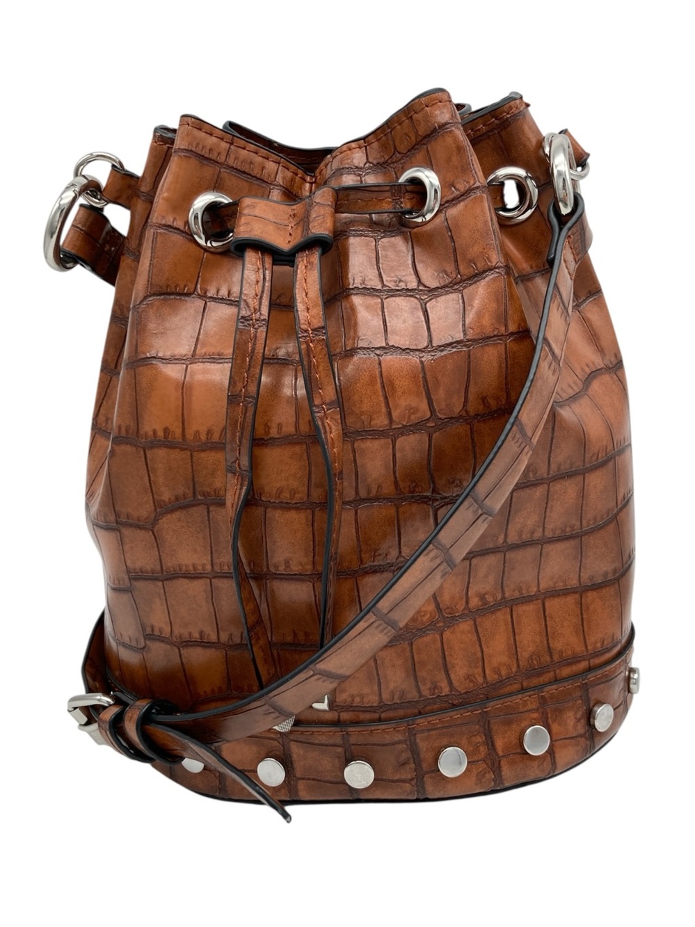 Zara Studded Croc Embossed Faux Leather Crossbody Bucket Bag